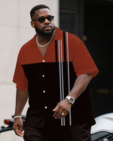 Men's Plus Size Business Black Red Striped Print Short Sleeve Shirt Trousers Suit